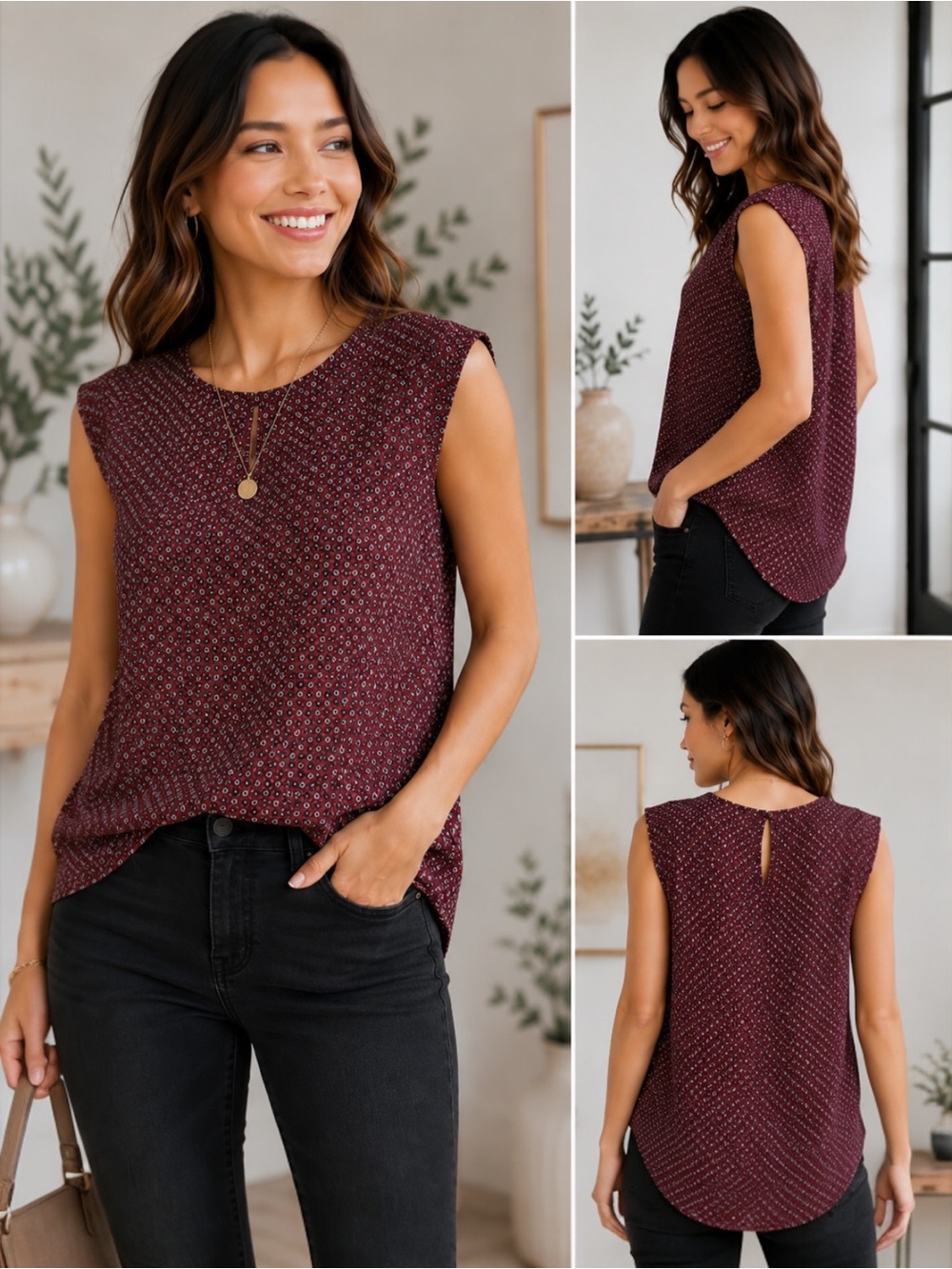 Merona Women’s Large Sleeveless Geometric Print Blouse Burgundy Keyhole Back